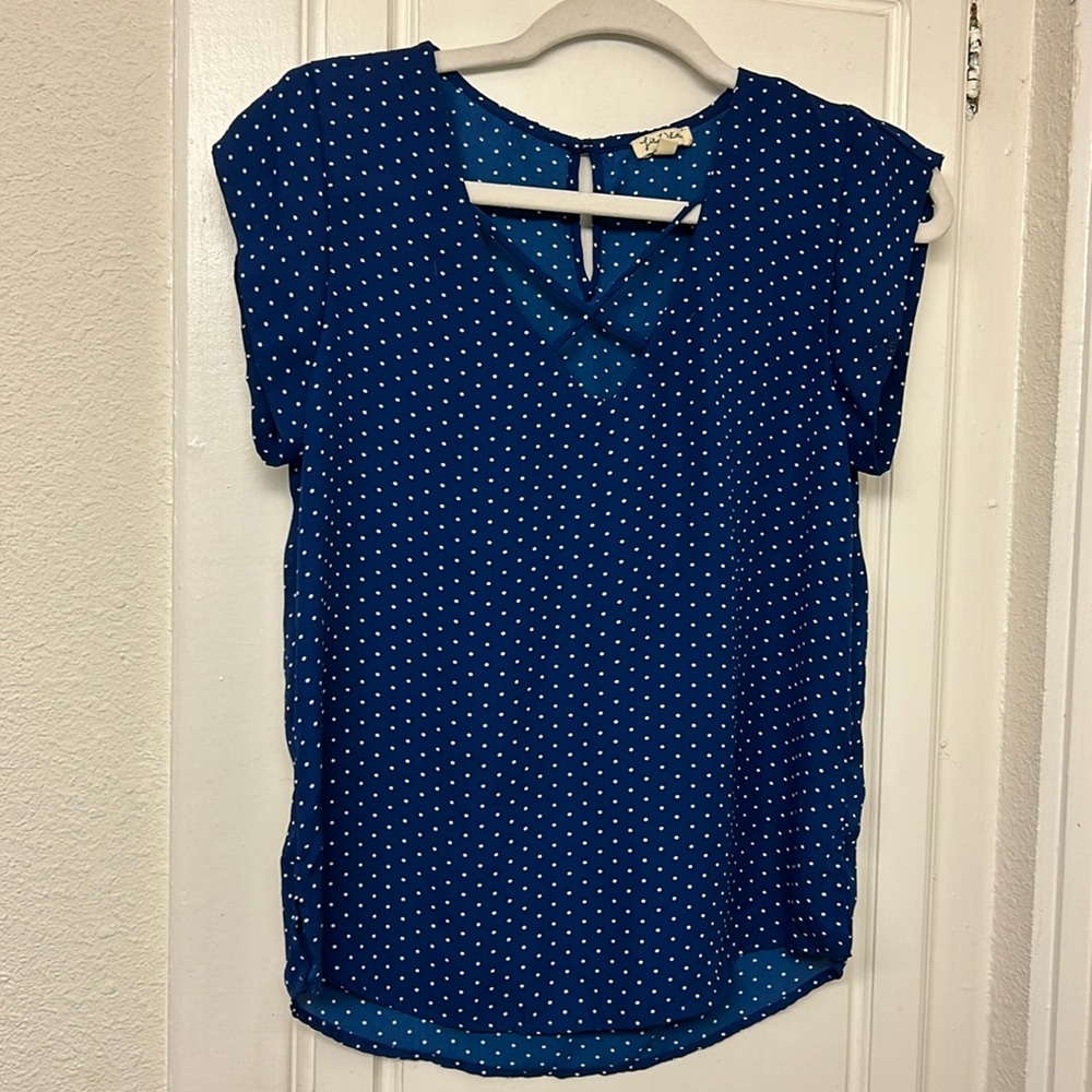 Blue White Polka Dot Top M Lily White Blouse Button Cross X Front